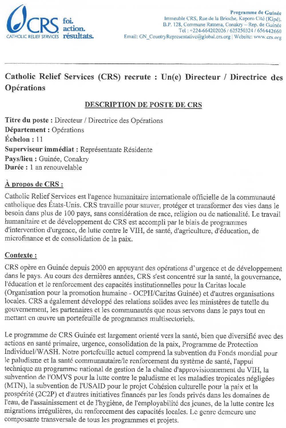 Appel à candidature pour le recrutement d’un(e) Directeur (trice) des Opérations pour CRS Guinée page 1 