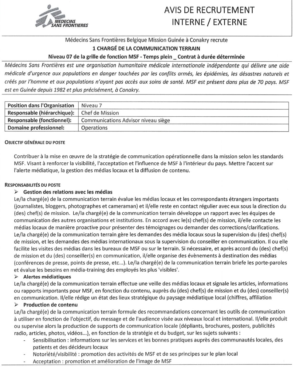 AVIS DE RECRUTEMENT D'UN CHARGÉ DE LA COMMUNICATION TERRAIN | Page 1